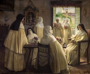 Kloosterinterieur met scènes van Mercedarische nonnen